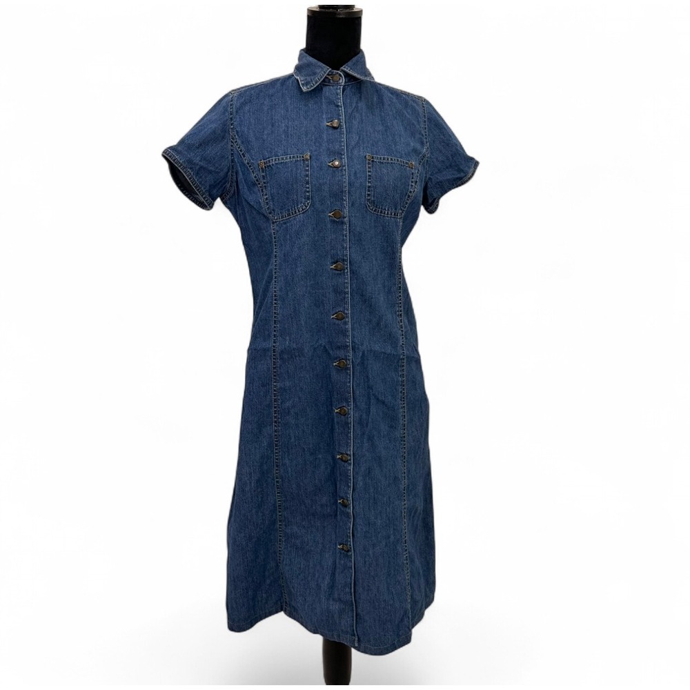 90's Liz Claiborne Lizwear Blue Denim‎ Button Up Midi Dress Cottage Petite 6